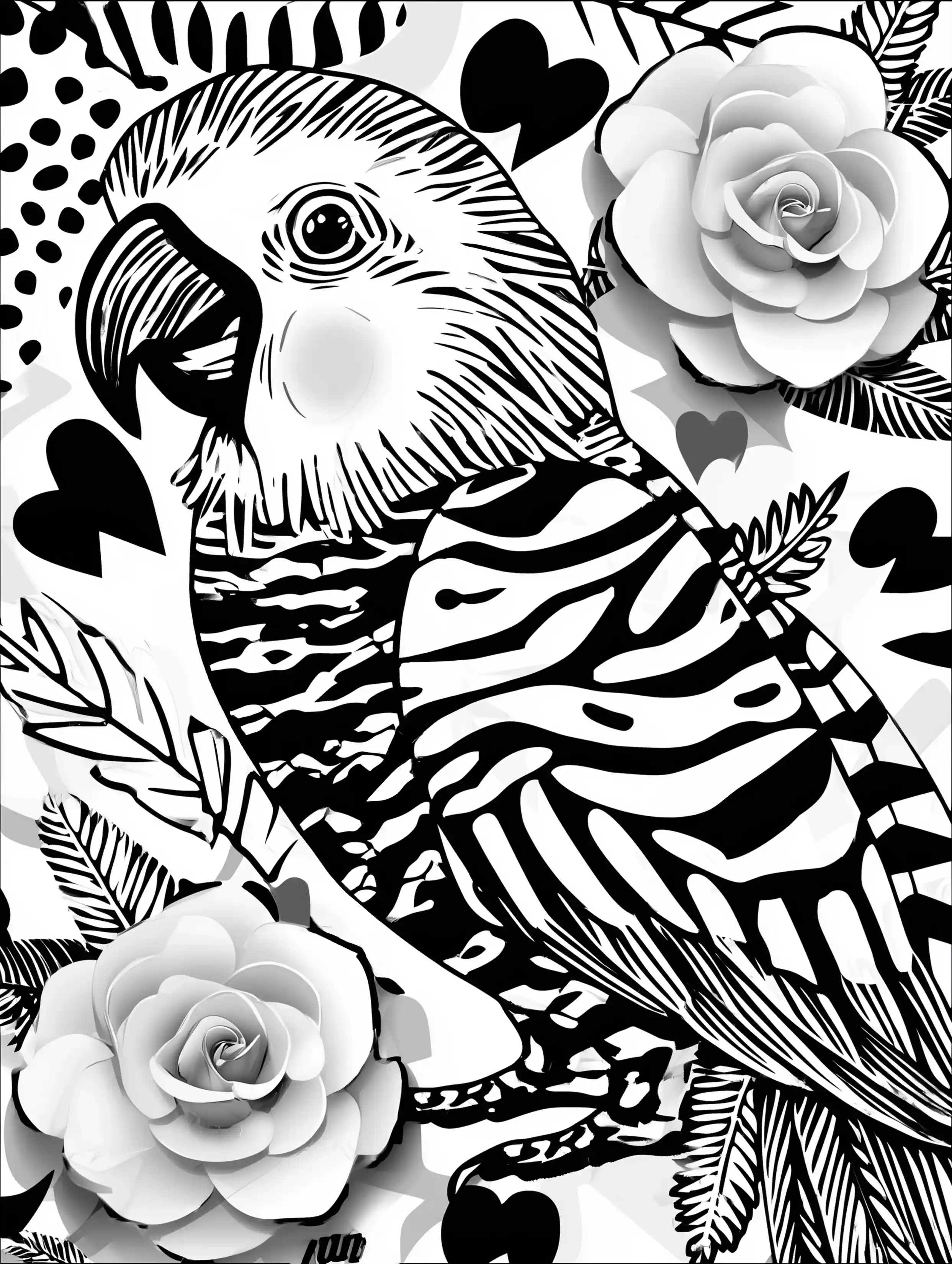 Free printable zoo coloring sheet featuring a striped parrot looking left